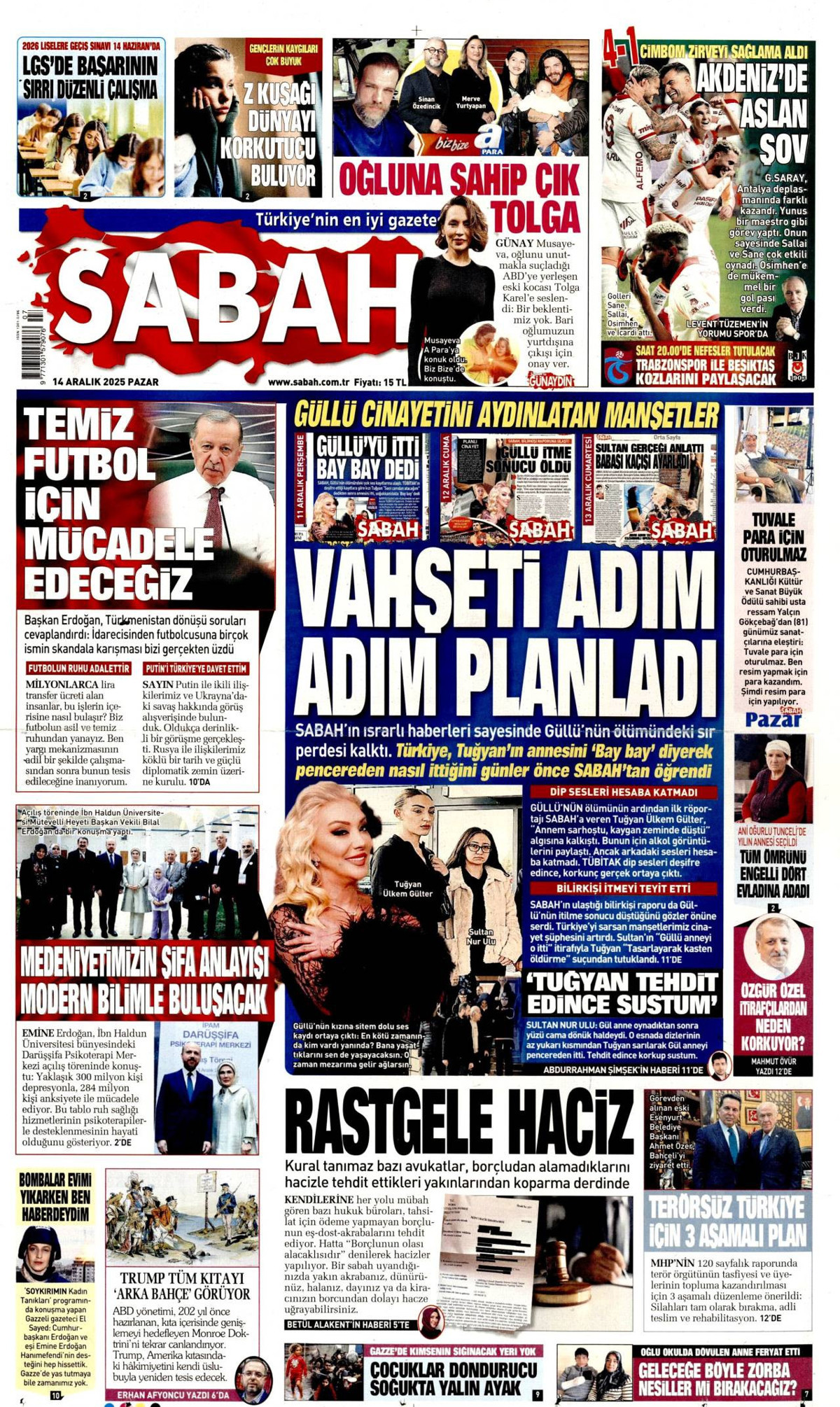 Sabah gazete manşeti 14 Aralık 2025 Pazar