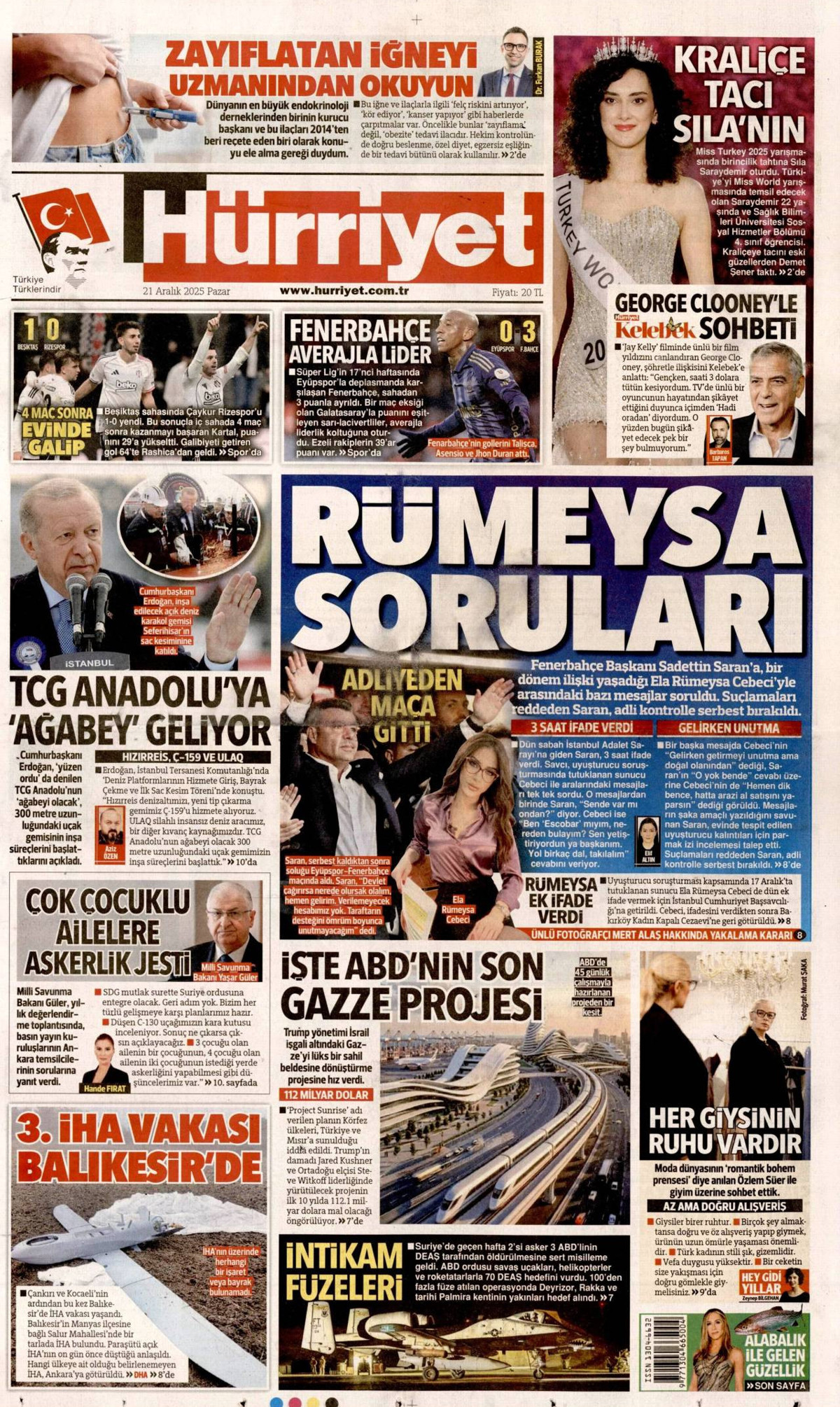 Hürriyet gazete manşeti 21 Aralık 2025 Pazar