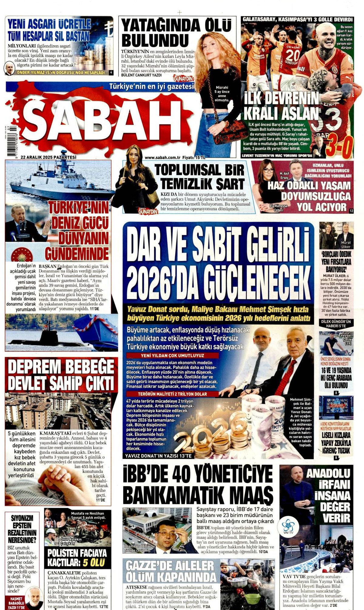 Sabah gazete manşeti 22 Aralık 2025 Pazartesi