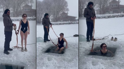 Eksi 20 Derecede Buzlu Suya Girdi, O Anlar Sosyal Medyada Gündem Oldu