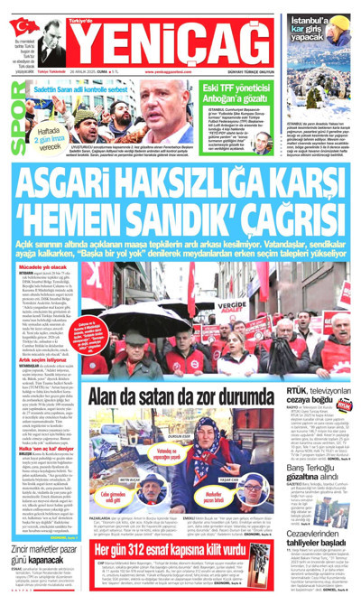 Yeniçağ Gazetesi Manşeti