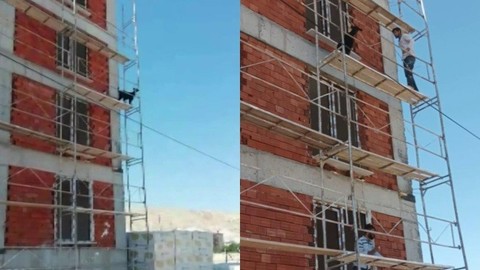 İnşaat iskelesine çıkan keçinin inadı kameralarda
