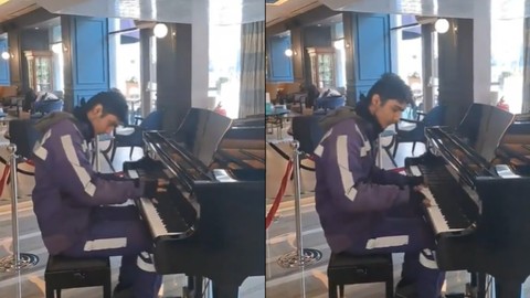Siparişi teslim ettikten sonra piyanonun başına geçen motokurye viral oldu