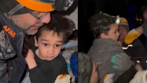 Enkazdan çıkarılan küçük çocuğun şaşkınlığı kameraya yansıdı: 'Ne oluyor ya ne oluyor'