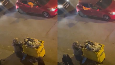 AKP'nin seçim kutlamaları sırasında bir yurttaşın çöp karıştırdığı anlar kameralara yansıdı