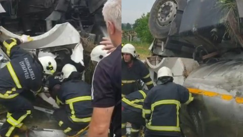 Otomobil ile tanker çapıştı: Sürücüyü itfaiye ekipleri kurtardı