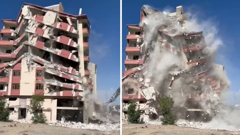 Elazığ’da ağır hasarlı bina, tek dokunuşla yerle bir oldu