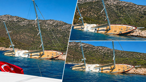 Bodrum’da Deniz Faciasından Dönüldü: 36 Metrelik Dev Tekne Kayalıklara Çarpıp Yan Yattı, 11 Kişi Son Anda Kurtarıldı