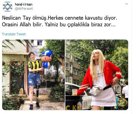 Aktrolden Neslican Tay'ın ardından kan donduran tweet!