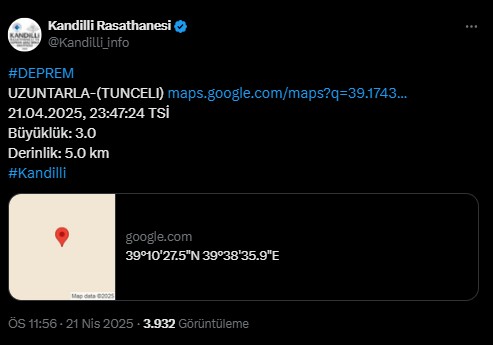 Kandilli Rasathanesi Duyurdu: Tunceli'de Deprem - Resim : 1