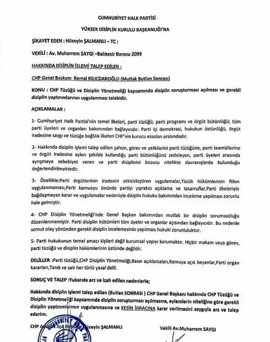 CHP Ayvalık İlçe Başkanı YDK'ya Başvurdu: Kemal Kılıçdaroğlu'nun Kesin İhracını İstedi - Resim : 1