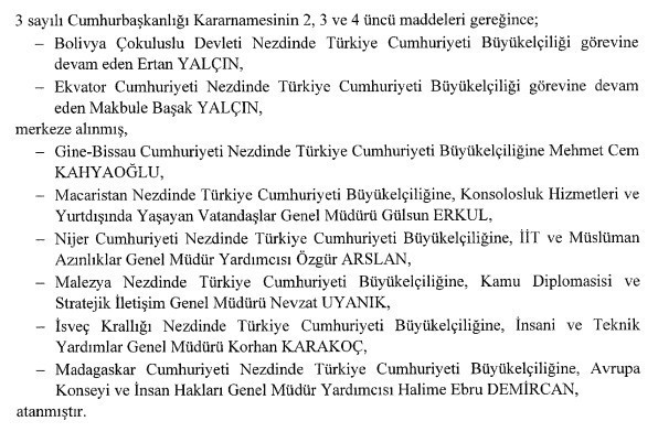Resmi Gazete Yayımlandı! Cumhurbaşkanı Erdoğan 7 Büyükelçi Atadı; 3 Büyükelçiyi Merkeze Çekti - Resim : 1