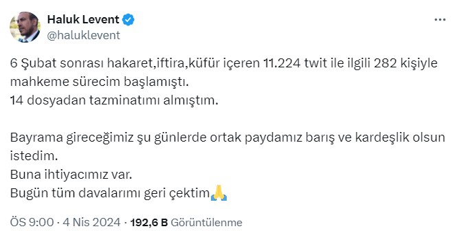 Haluk Levent 6 Şubat sonrası açtığı tüm davaları geri çekti - Resim : 1