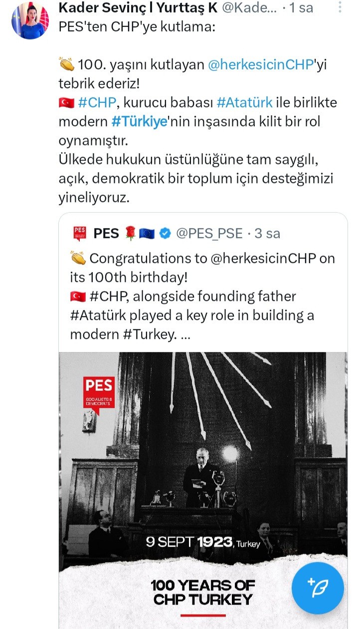 Avrupa Sosyalistler ve Demokratlar Partisi, CHP'nin 100'üncü yılını kutladı - Resim : 1