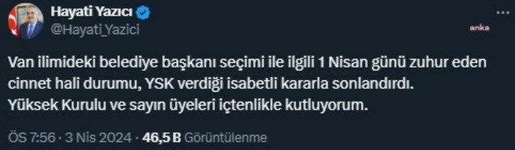 AKP'li Hayati Yazıcı'nın YSK'nın Van kararına desteği kısa sürdü - Resim : 1