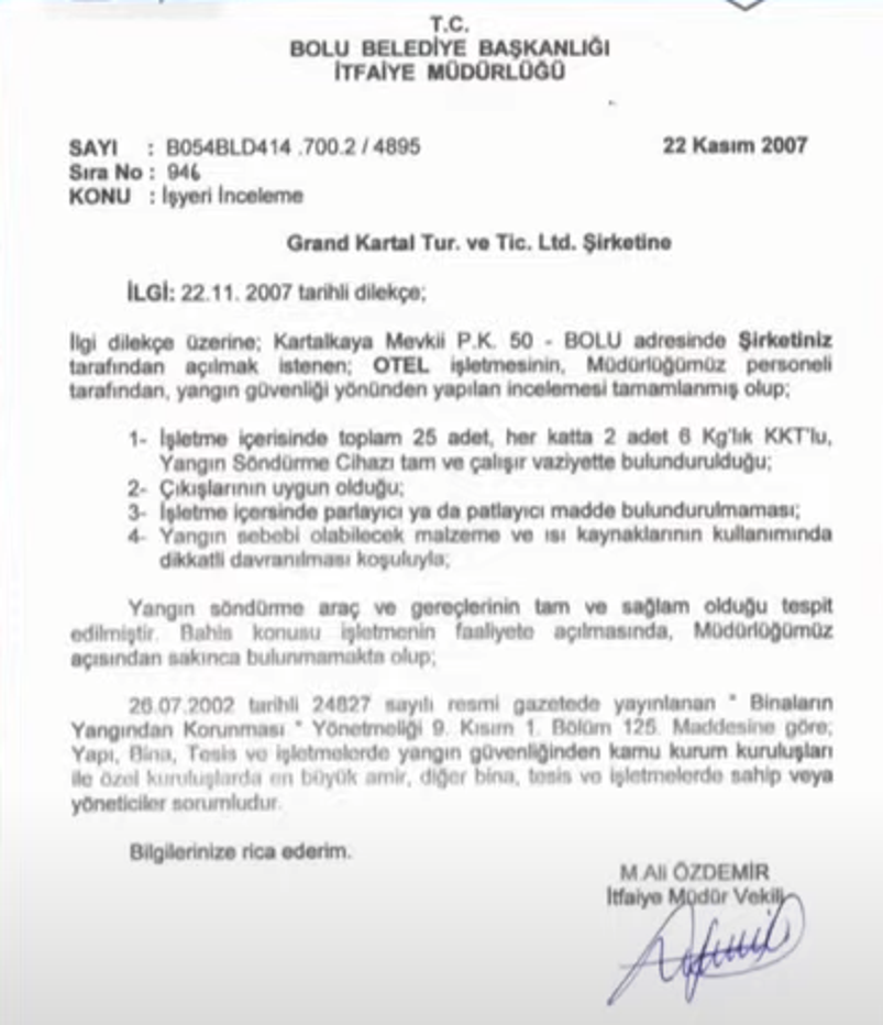 Bolu'daki Faciada Grand Kartal Otel'in 18 Yıl Önceki İtfaiye Raporu Ortaya Çıktı! 'Dikkatli Davranılması Koşuluyla...' - Resim : 1