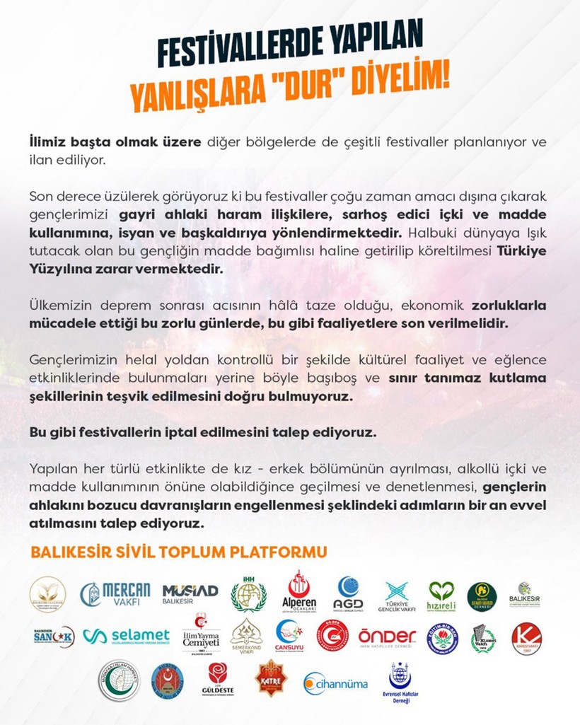 Ortak bildiri yayımladılar: Saadet Partisi'nin AGD'si ile Bilal Erdoğan'ın TÜGVA'sı 'gericilik'te birleşti, festivallerin yasaklanmasını istedi - Resim : 1