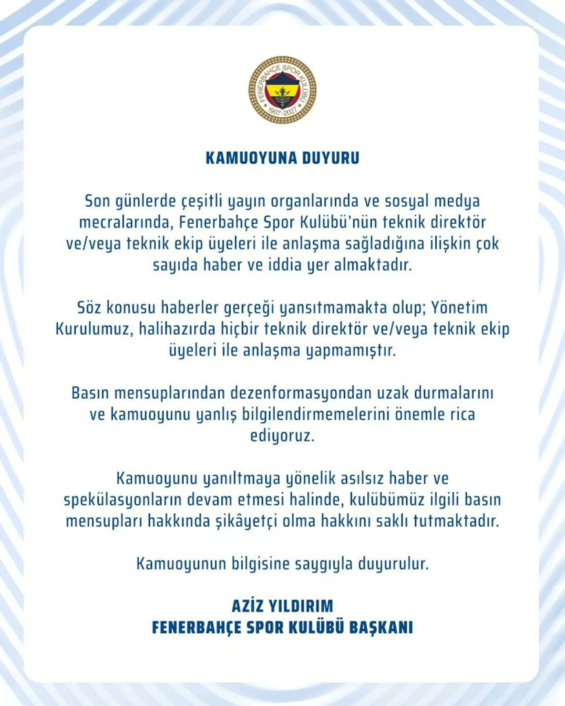 Fenerbahçe'den Aykut Kocaman Açıklaması: Aziz Yıldırım Duyurdu - Resim : 1
