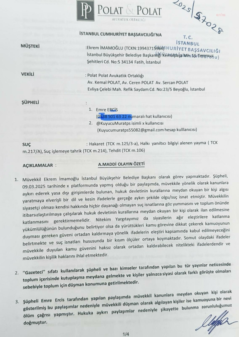 Ekrem İmamoğlu Harekete Geçti! Ölüm Tehdidine Suç Duyurusu - Resim : 1