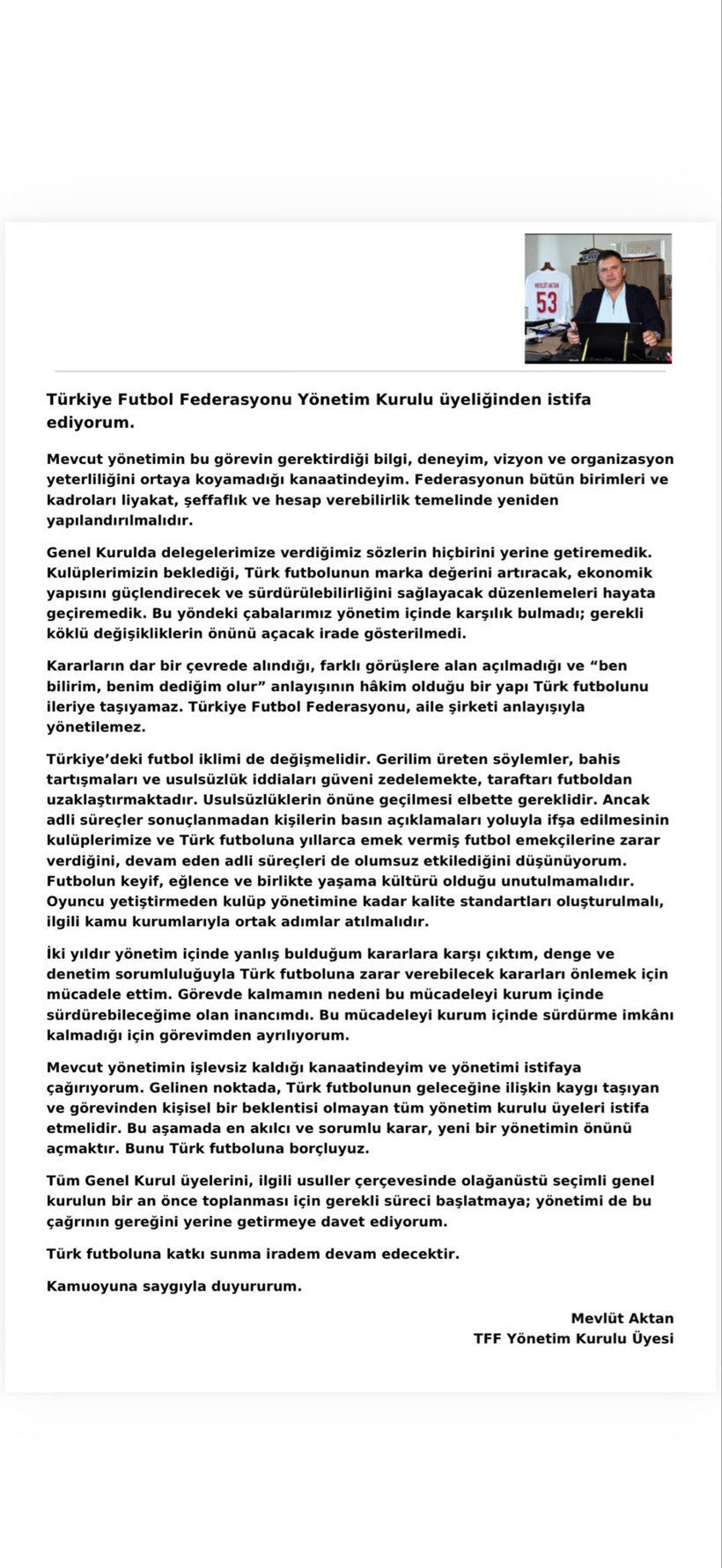 TFF Yönetiminde Deprem! Mevlüt Aktan İstifa Etti, Yönetimi Göreve Bırakmaya Çağırdı - Resim : 1
