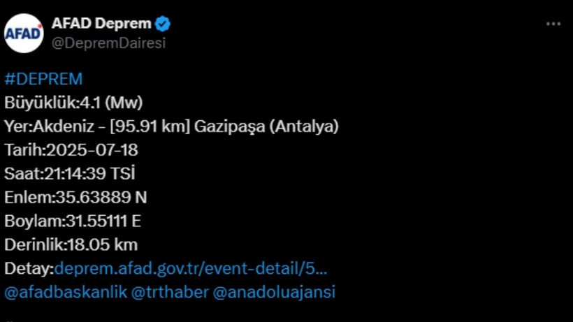 AFAD Duyurdu: Antalya'da 4.1 Büyüklüğünde Deprem - Resim : 1