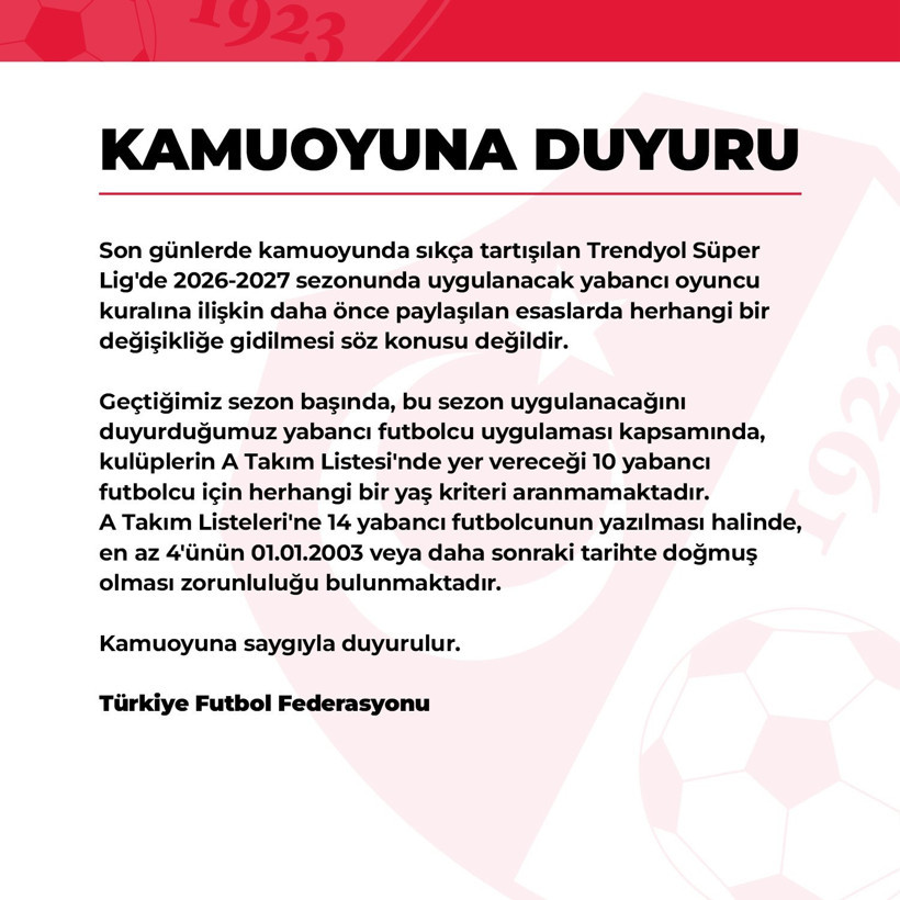 TFF Kulüplere Rest Çekti: Yabancı Kuralı 10+4 Olarak Kalacak - Resim : 1