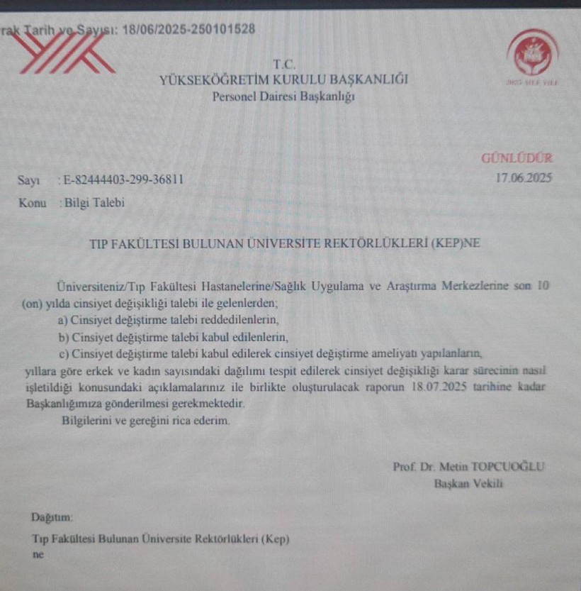 YÖK'ten Üniversitelere Skandal Yazı! 'Kim Cinsiyet Değiştirmek İstedi Söyleyin' - Resim : 1